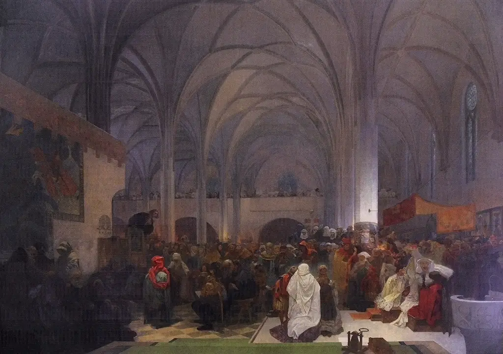 Master Jan Hus Preaching at the Bethlehem Chapel in Detail Alphonse Mucha